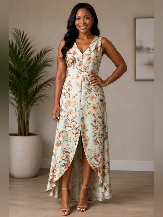Dresses & Skirts - Floral V-Neck Sleeveless Maxi Dress - Mint with Coral Bloom